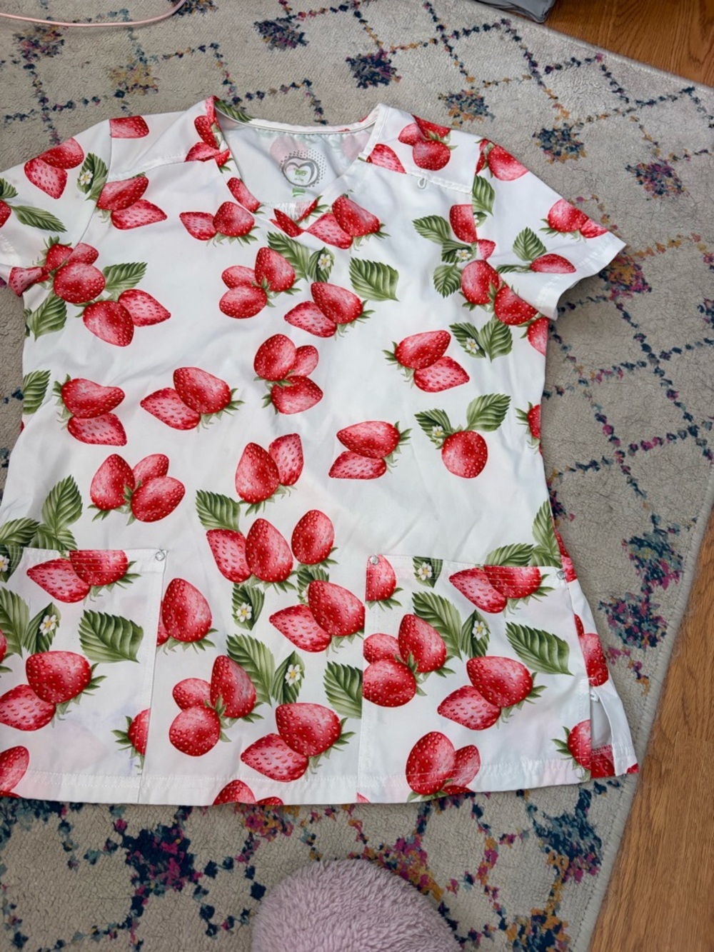 Strawberry Print Scrub Top - White & Red